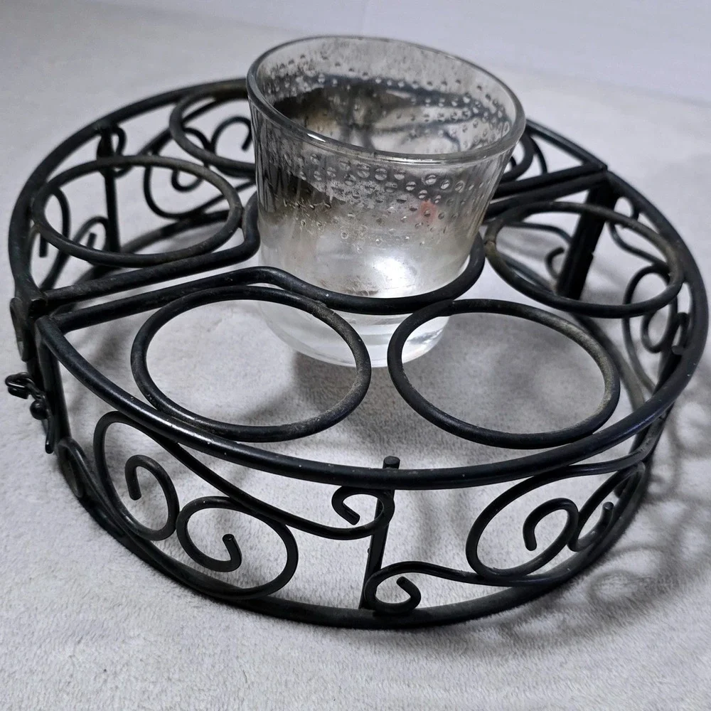 Vintage Black Metal 7-Candle Holder Folding Scrollwork Centerpiece